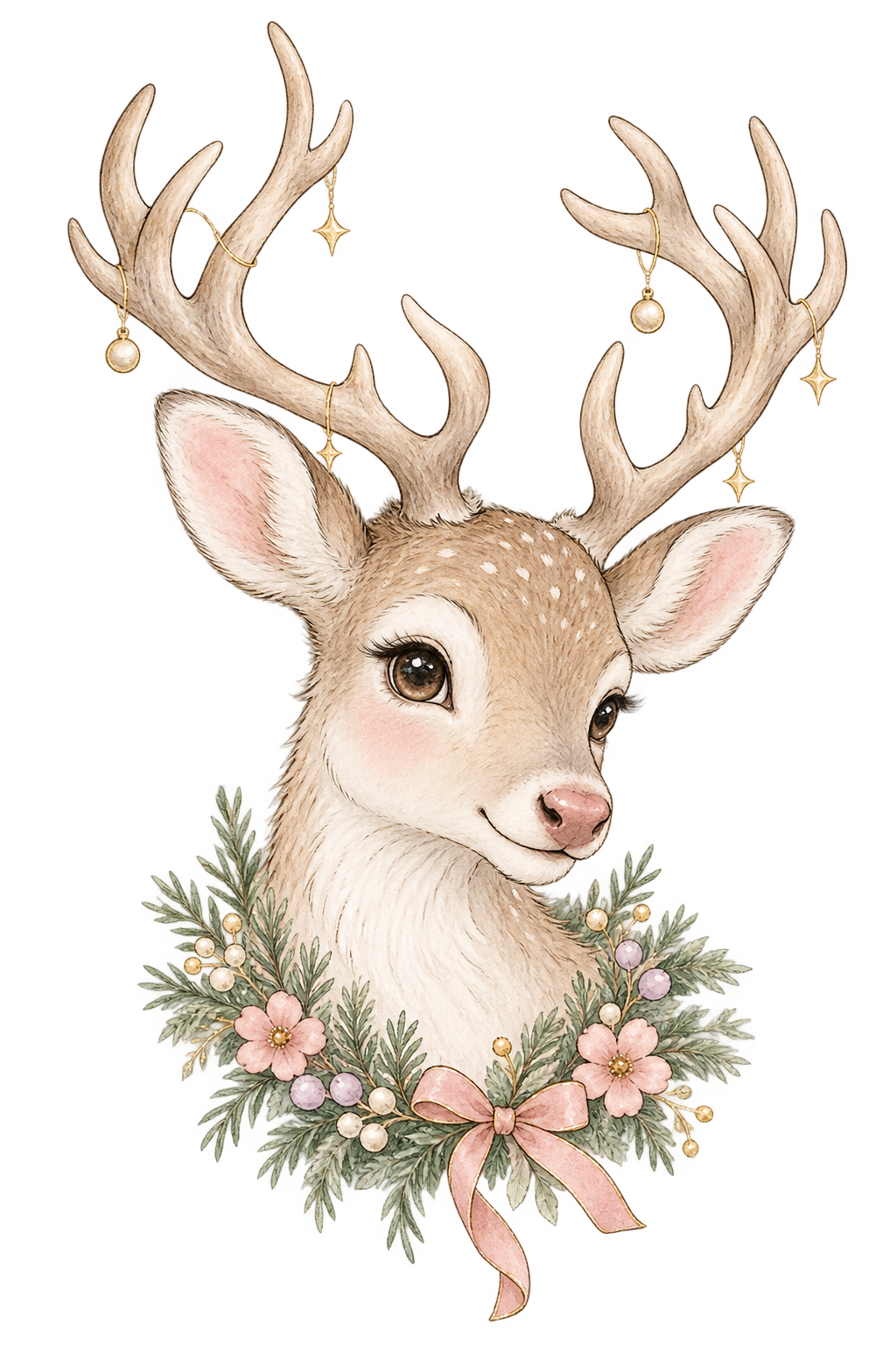 Bügelbild WEIHNACHTSREH MIT BLUMENKRANZ