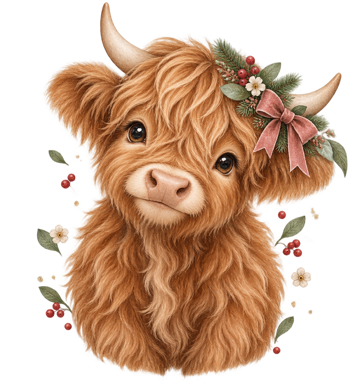 Bügelbild WEIHNACHTS-HOCHLANDRIND MIT ROSA SCHLEIFE