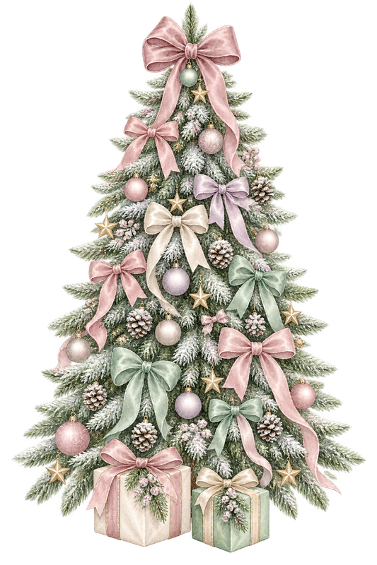 Bügelbild WEIHNACHTSBAUM MIT PASTELLFARBENEN SCHLEIFEN