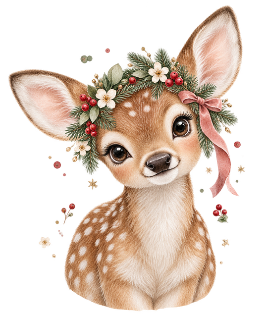 Bügelbild WEIHNACHTSREH MIT BLUMENKRANZ