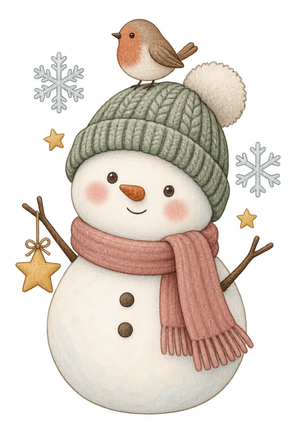 Bügelbild SCHNEEMANN MIT ROTKEHLCHEN