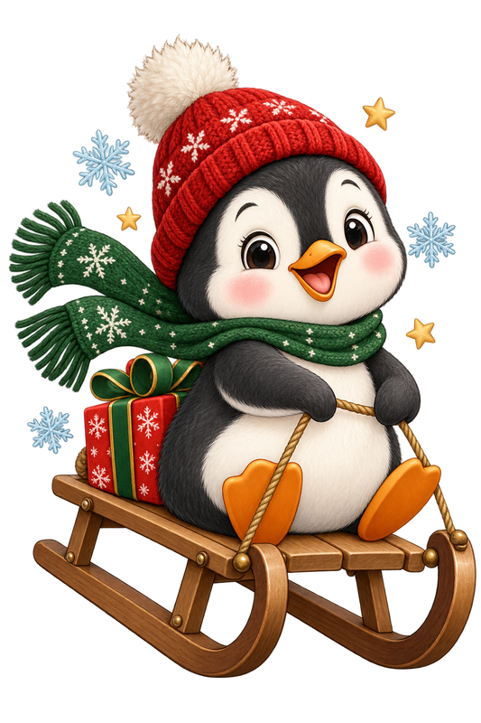 Bügelbild WEIHNACHTSPINGUIN AUF SCHLITTEN