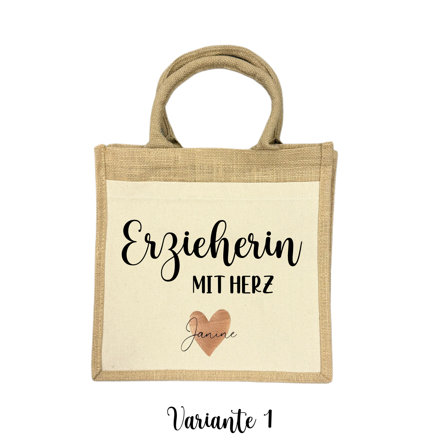 Midi Jutetasche ERZIEHERIN MIT HERZ - auf Wunsch personalisiert