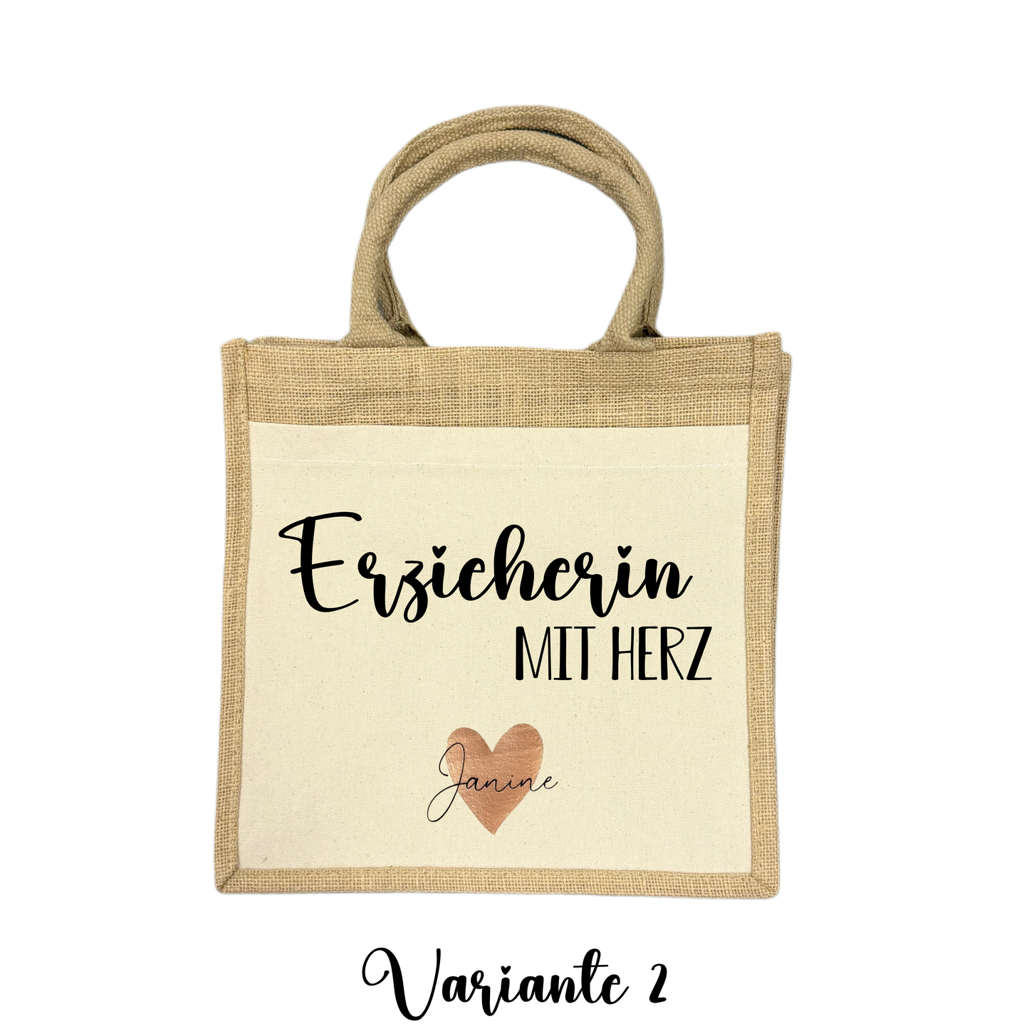 Midi Jutetasche ERZIEHERIN MIT HERZ - auf Wunsch personalisiert