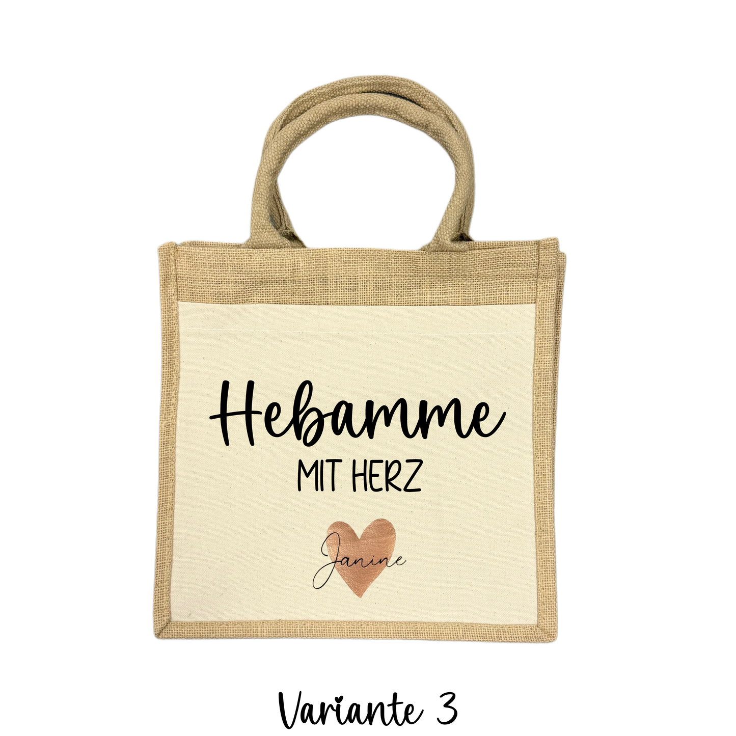 Midi Jutetasche HEBAMME MIT HERZ - auf Wunsch personalisiert