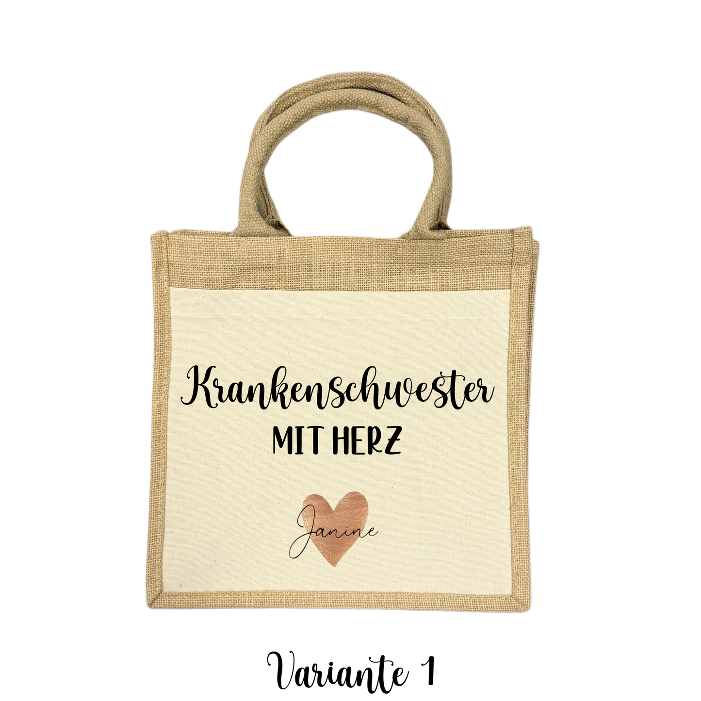 Midi Jutetasche KRANKENSCHWESTER MIT HERZ - auf Wunsch personalisiert