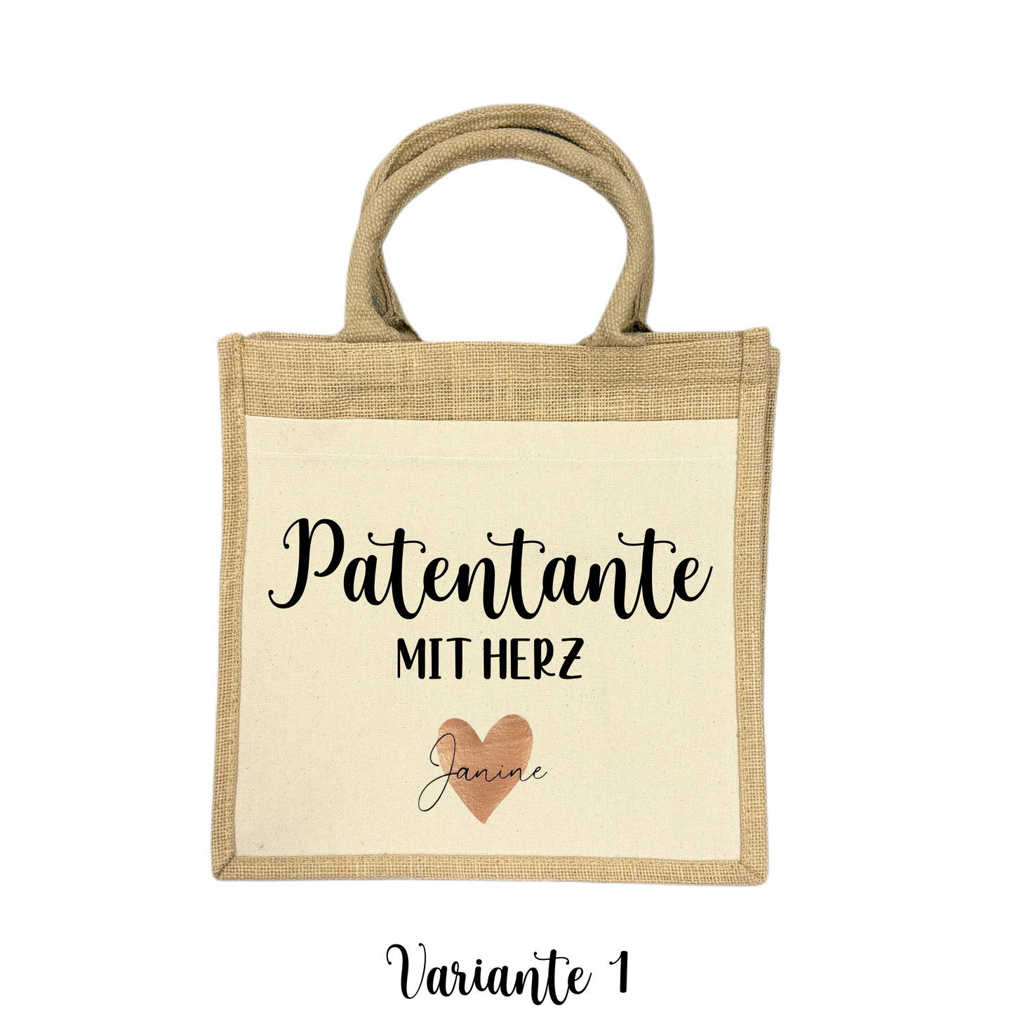 Midi Jutetasche PATENTANTE MIT HERZ - auf Wunsch personalisiert